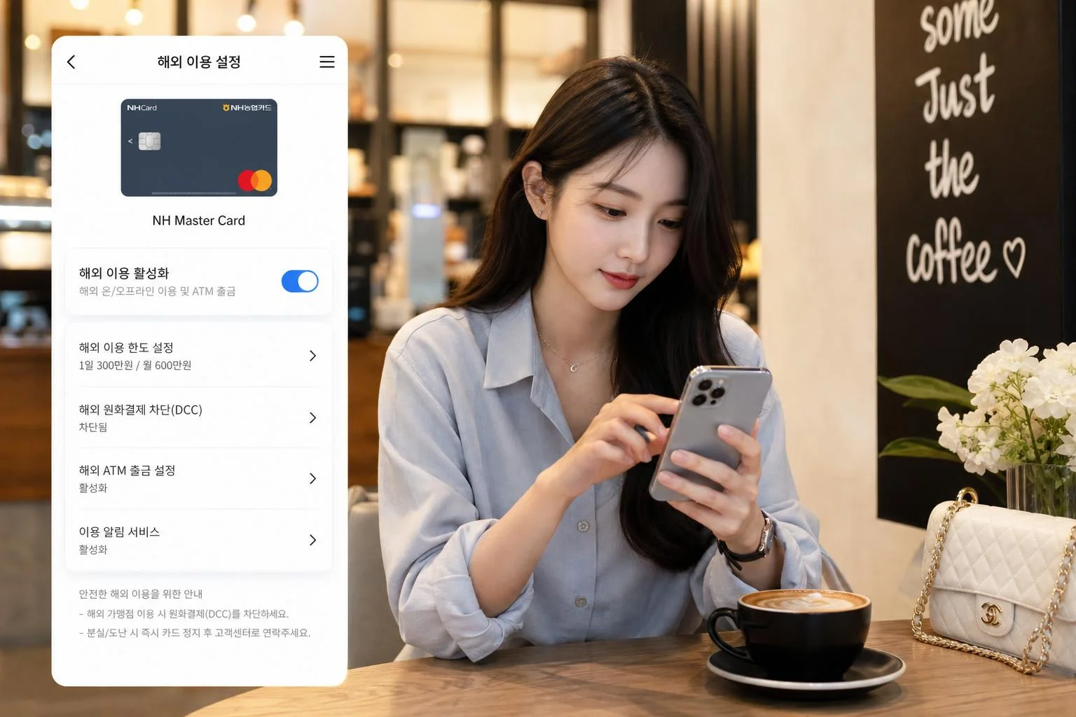 스마트폰으로 해외 결제 설정을 확인하는 모습